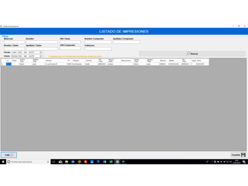 pantalla del listado de impresiones del Software de impresión de matriculas